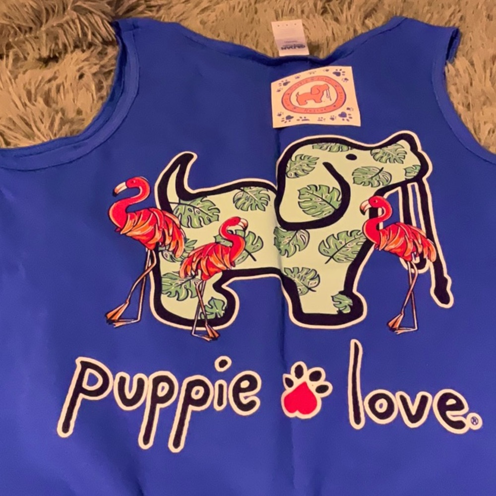 NWT puppy love tank top, dog with flamingos on back,